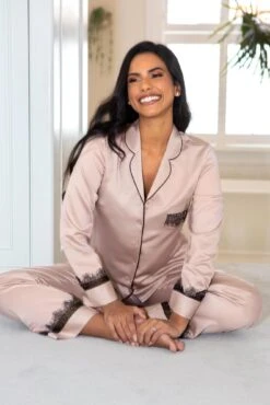 Pour Moi Dusk Satin And Lace Revere Collar Pyjama Set - Mink/Black