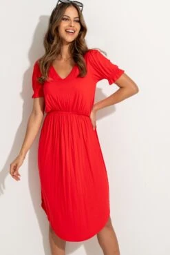 Pour Moi Jenny Puff Sleeve Stretch Midi Dress - Red -Cheap Clozi Vibe Store 320562 20230818144200