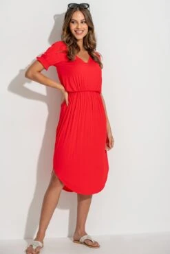 Pour Moi Jenny Puff Sleeve Stretch Midi Dress - Red