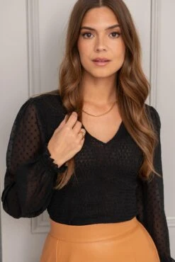 Pour Moi Willow Shirred Bodice Chiffon Long Sleeve V Neck Blouse - Black -Cheap Clozi Vibe Store 322258 20230912162500