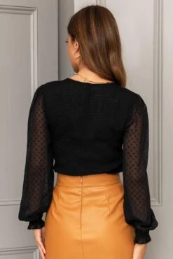 Pour Moi Willow Shirred Bodice Chiffon Long Sleeve V Neck Blouse - Black -Cheap Clozi Vibe Store 322259 20230912162500