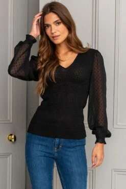 Pour Moi Willow Shirred Bodice Chiffon Long Sleeve V Neck Blouse - Black -Cheap Clozi Vibe Store 322261 20230904160200