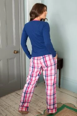 Pour Moi Rib Jersey Lace Trim Henley Top & Check Trouser Pyjama Set - Navy/Pink -Cheap Clozi Vibe Store 322419 20230908110900