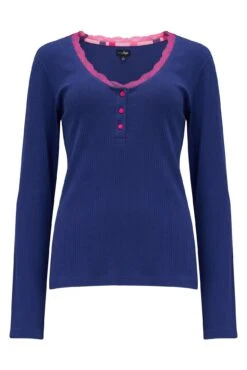 Pour Moi Rib Jersey Lace Trim Henley Top & Check Trouser Pyjama Set - Navy/Pink -Cheap Clozi Vibe Store 322503 20230908111000