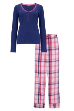 Pour Moi Rib Jersey Lace Trim Henley Top & Check Trouser Pyjama Set - Navy/Pink -Cheap Clozi Vibe Store 322505 20230908111000