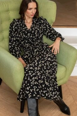 Pour Moi Maggie Woven Frill Midi Dress - Black Ditsy