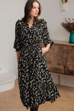 Pour Moi Maggie Woven Frill Midi Dress - Black Ditsy -Cheap Clozi Vibe Store 323316 20230919164200