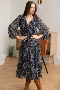 Pour Moi Lily Chiffon Frill Midaxi Dress - Navy Ditsy -Cheap Clozi Vibe Store 323332 20230919164300