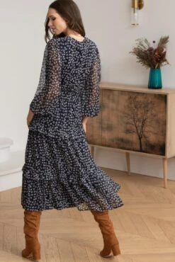 Pour Moi Lily Chiffon Frill Midaxi Dress - Navy Ditsy -Cheap Clozi Vibe Store 323333 20230919164300