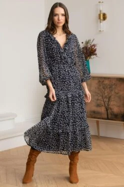 Pour Moi Lily Chiffon Frill Midaxi Dress - Navy Ditsy